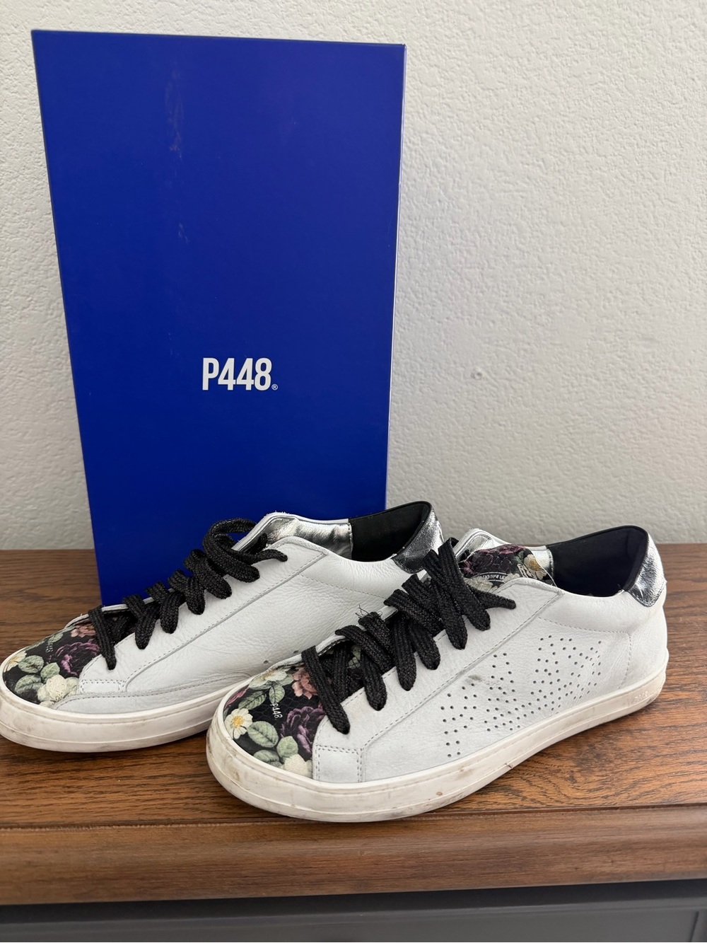 P448 White Leather Low-Top Sneakers with Floral Toe Cap